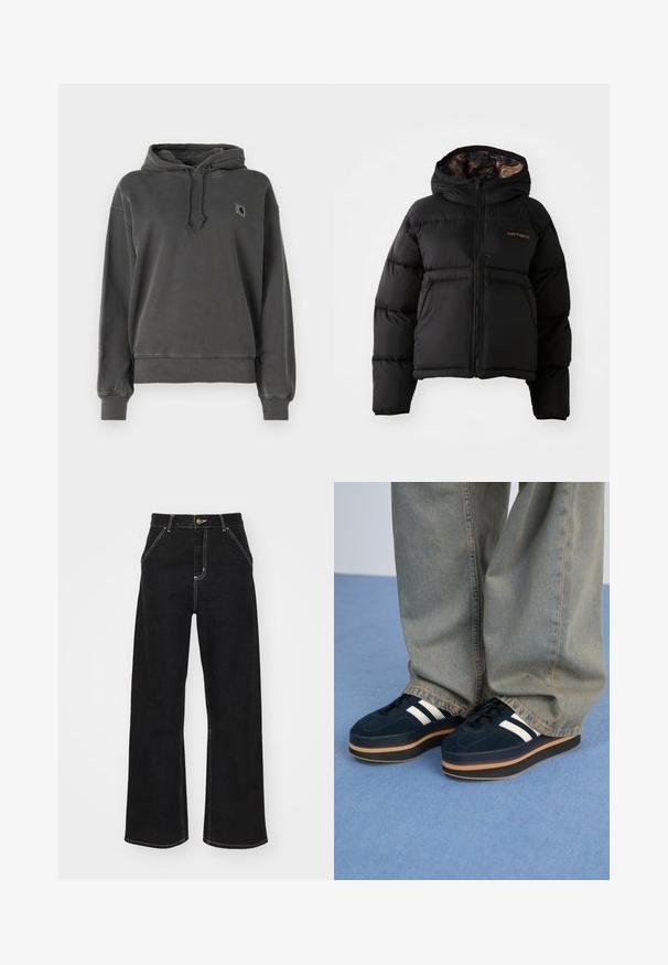 Sort dunjakke med hætte, der har lynlåslukning, vandret quiltet design og en blød, tekstureret indvendig foring. Carhartt-logoet er vist.; Carhartt WIP HOODED NELSON - Sweatshirt - graphite; Sorte bukser med bred ben, lavet af denim og prydet med kontrastfarvet hvid syning samt en frontlukning med knap, og to skrå forlommer.; Mørkeblå ruskinds-platform sneakers med hvide striber og sorte snørebånd. Har en tyk brun gummisål. Bæres med lyseblå denimbukser.