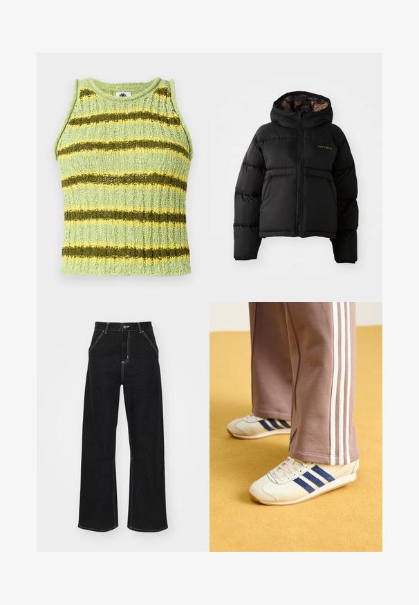 Fekete puffernadrág kapucnival, cipzárral záródik, vízszintes steppelt kialakítással és puha, texturált belső béléssel rendelkezik. Carhartt logóval ellátva.; Világoszöld, kötött, ujjatlan felső vízszintes sötétzöld és sárga csíkokkal, bordázott textúrával és kerek nyakkivágással.; Fekete, széles szárú farmernadrág, kontrasztos fehér varrással és elülső gombos záródással, két ferde elülső zsebbel.; Krém színű sneakers, kék velúr csíkokkal, fehér fűzővel és gumitalppal. Szürke melegítőnadrággal párosítva, fehér oldalsó csíkokkal.