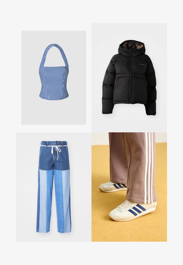 Black puffer jacket with a hood, featuring a zip closure, horizontal quilted design, and a soft, textured inner lining. Carhartt logo displayed.; Blue and white gingham crop top with a structured bodice, halter neck, and wide straps, featuring a smooth fabric texture and fitted silhouette.; Blue denim pants featuring a patchwork design with varying shades of blue, a drawstring waist, and loose, straight-cut legs.; Cream sneakers with blue suede stripes, white laces, and a rubber sole. Paired with gray sweatpants featuring white side stripes.