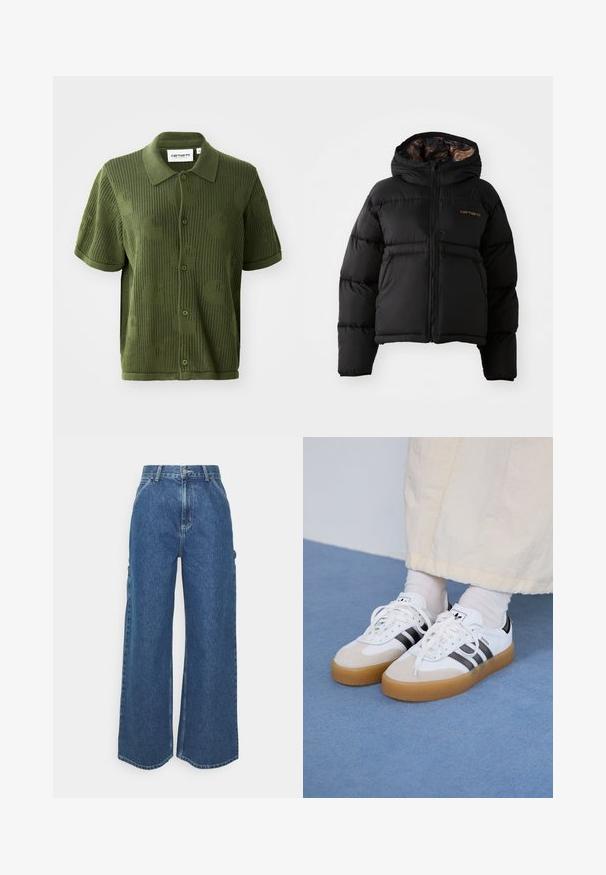 Čierna páperová bunda s kapucňou, s uzáverom na zips, horizontálnym prešívaním a jemným, textúrovaným vnútorným podšívkou. Zobrazené logo Carhartt.; Zelená pletená polo košeľa s krátkymi rukávmi, s textúrovaným vzorom veľkých kruhov a zapínaním na gombíky.; Dlhé modré džínsy so širokými nohavicami a vysokým pásom, s kontrastným prešívaním a bočnými vreckami, s klasickým dizajnom piatich vreciek a surovými lemami.; Biele tenisky s čiernymi pruhmi a béžovými semišovými detailmi. Majú textúrovanú gumovú podrážku a ploché biele šnúrky, kombinované s svetlými ponožkami.