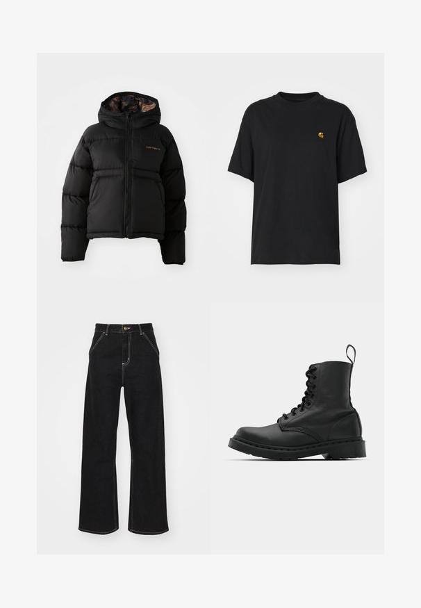 Doudoune noire avec capuche, dotée d'une fermeture zippée, d'un design matelassé horizontal et d'une doublure intérieure douce et texturée. Logo Carhartt affiché.; T-shirt en coton noir à coupe décontractée. Présente un col rond et des manches courtes. Comprend un petit logo doré brodé sur la poitrine.; Jean large noir en denim, avec des coutures blanches contrastantes et une fermeture à bouton à l'avant, ainsi que deux poches avant en biais.; Botte de combat en cuir noir avec un bout rond, un laçage à l'avant et une sangle au niveau de la cheville. Dispose d'une semelle en caoutchouc épaisse pour une durabilité optimale.