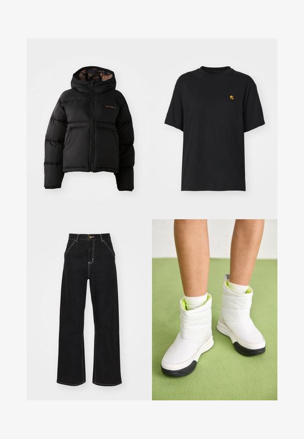Black puffer jacket with a hood, featuring a zip closure, horizontal quilted design, and a soft, textured inner lining. Carhartt logo displayed.; Black cotton t-shirt with a relaxed fit. Features a round neck and short sleeves. Includes a small gold embroidered logo on the chest.; Black wide-leg jeans made of denim, featuring contrasting white stitching and a front button closure, with two angled front pockets.; White padded ankle boots with a textured surface, featuring a neon green lining and a black rubber sole.