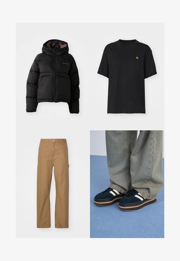 Sort dunjakke med hætte, der har lynlåslukning, vandret quiltet design og en blød, tekstureret indvendig foring. Carhartt-logoet er vist.; Sort bomulds T-shirt med en afslappet pasform. Har en rund halsudskæring og korte ærmer. Inkluderer et lille guld broderet logo på brystet.; Brune, lige benbukser lavet af bomuldsblanding. Har en frontal knaplukning og to sidelommer; glat, mat overflade.; Mørkeblå ruskinds-platform sneakers med hvide striber og sorte snørebånd. Har en tyk brun gummisål. Bæres med lyseblå denimbukser.