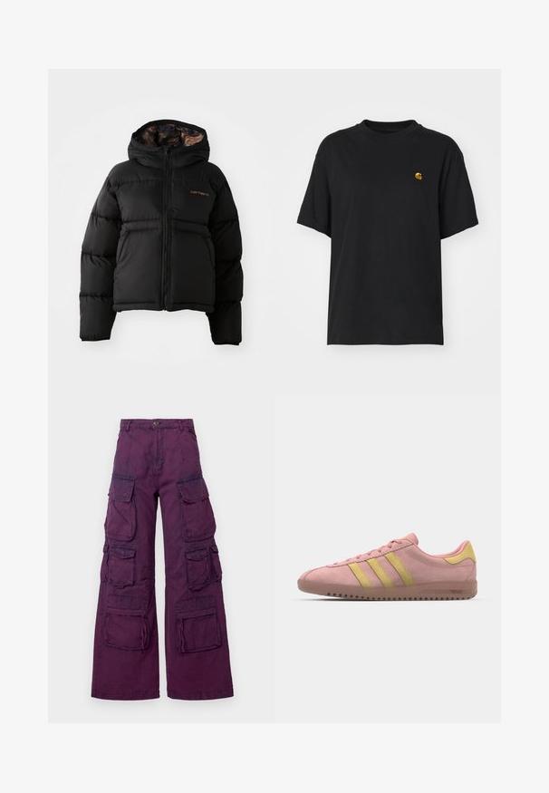 Črna puhovka s kapuco, z zadrgo, vodoravno prešitimi vrstami in mehkim, teksturiranim notranjim obloge. Prikazan logotip Carhartt.; Črna bombažna majica s sproščenim krojem. Ima okroglo ovratnik in kratke rokave. Vključuje majhen zlat vezen logotip na prsih.; Vijolične tovorne hlače s širokimi nogami, ki imajo več sprednjih in stranskih žepov, kontrastno šivanje ter gumbno zapiranje v pasu.; Roza sema obutev iz nubuka s tremi rumenimi črtami, zaobljenim nosom in teksturirano gumijasto podplatom. Nizkoprofilna zasnova s podloženim ovratnikom.