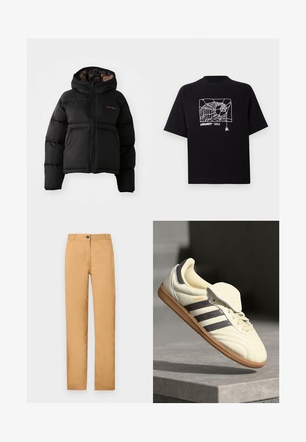 Zwarte gewatteerde jas met een capuchon, voorzien van een ritssluiting, een horizontaal doorgestikte design en een zachte, textuurachtige voering. Carhartt-logo zichtbaar.; Zwarte T-shirt van katoen met korte mouwen. Voorzien van een witte spinnenwebgrafiek en logo op de voorkant. Eenvoudige ronde halslijn.; Lichtbruine chino's met een rechte snit, knoopsluiting en zijzakken. De stof is glad met een matte afwerking.; Crème leren sneaker met drie donkere strepen, een bruine gumrubberen zool en een ronde neus. Voorzien van een opvouwbare tong met het label "SAMBA."