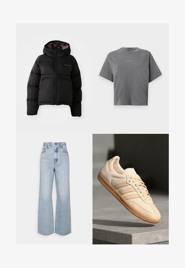 Crna puffer jakna s kapuljačom, s patentnim zatvaračem, horizontalnim kvadratnim dizajnom i mekim, teksturiranim unutarnjim oblogom. Prikazan Carhartt logotip.; Sivi kratki majica s kratkim rukavima, skraćena, s okruglim izrezom i malim bijelim "carhartt" logotipom u središtu na prednjoj strani.; Svijetloplave traper široke hlače s visokim strukom, klasičnim dizajnom s pet džepova i kontrastnim šavovima. Neobrađeni rub na dnu.; Svijetlosmeđi nubuk tenisice s gumenim potplatom, tri dijagonalne pruge i teksturirani vrh. Sadrži logo na jeziku i bočnoj strani.
