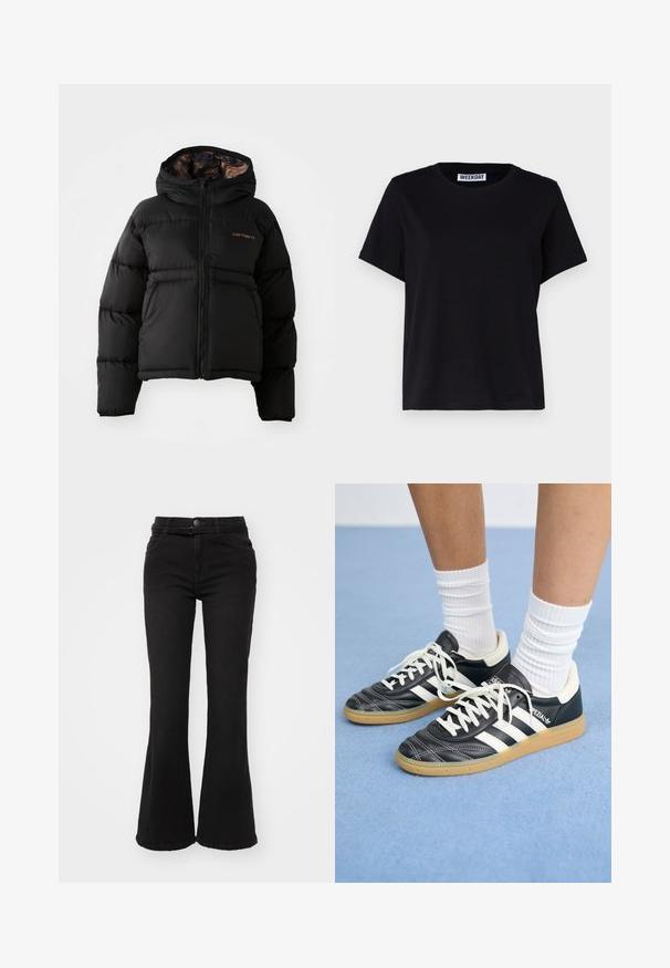 Jachetă puffer neagră cu glugă, care dispune de un închidere cu fermoar, design matlasat orizontal și o căptușeală interioară moale și texturată. Logo-ul Carhartt este afișat.; Tricou negru cu mânecă scurtă, fabricat din bumbac. Are un guler tip crew și o croială lejeră. Eticheta de la guler spune „WEEKDAY”.; Blugi negri evazați, cu talie înaltă, din țesătură denim. Prezintă buzunare frontale, închidere cu nasture și o textură netedă.; Adidași din piele neagră cu dungi albe, vârful rotund, șireturi albe și talpă din cauciuc natural. Accentuați de un guler căptușit și detalii de brand.