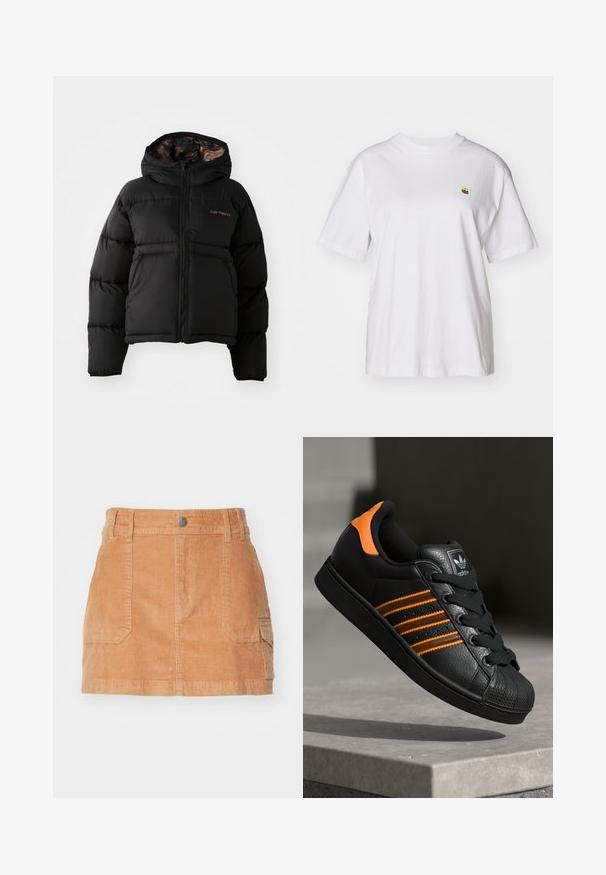 Must 黑色的羽绒外套,带有帽子,配有拉链闭合,水平绗缝设计,以及柔软、有质感的内衬。显眼的 Carhartt 标志。; Valge puuvillane T-särk, millel on lõdva lõikega, lühikesed varrukad ja väike broderi logo vasakul rinnakarpi.; Kerge pruuni tooni küljetrükk, millel on kõrge talje, esiküljel taskud ja sile tekstuur vertikaalsete ribadega.; Mustad mustad mustad oranzhides üksikasjad, kolm horisontaalset triipu, tekstureeritud nahk pealisosa, kummist varbaosa ja mustad paelad.