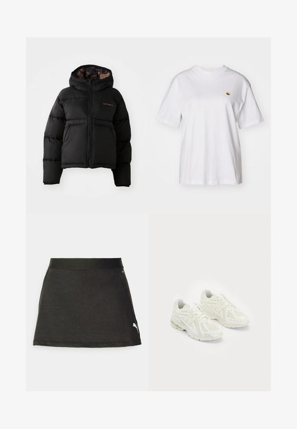Fekete puffernadrág kapucnival, cipzárral záródik, vízszintes steppelt kialakítással és puha, texturált belső béléssel rendelkezik. Carhartt logóval ellátva.; Fehér pamut póló laza szabással, rövid ujjakkal és egy kis hímzett logóval a bal mellrészén.; Fekete sportos szoknya rugalmas derékkal, sima anyagból készült. Oldalsó zsebet és fehér Puma logót tartalmaz az alsó jobb sarokban.; Fehér sportcipők hálós és szintetikus anyagokból, fűzős dizájn, párnázott bokarésszel és érdes talppal a tapadás érdekében. Könnyű felépítés.