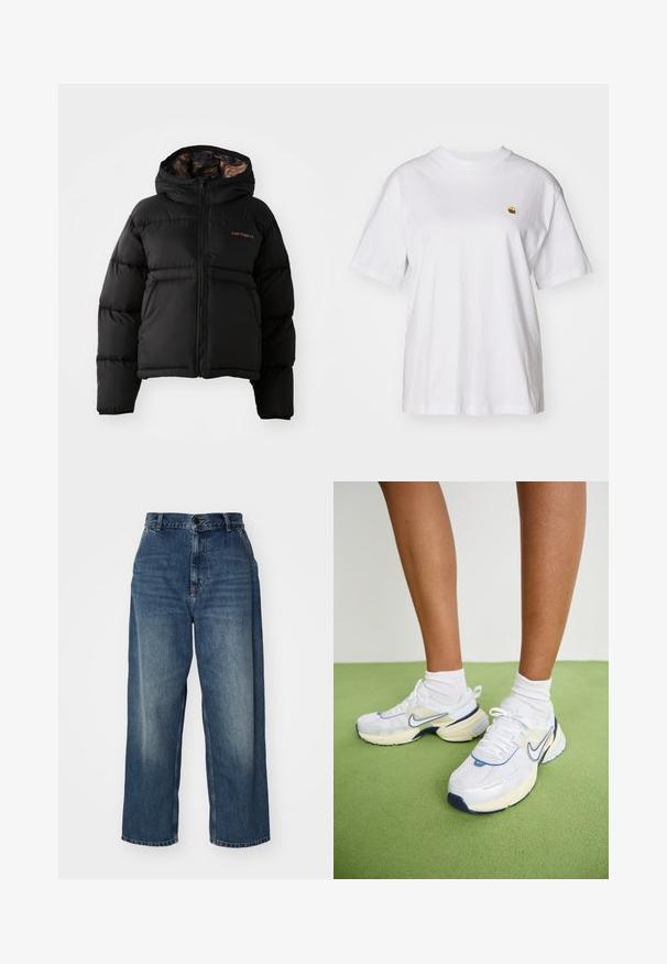 Fekete puffernadrág kapucnival, cipzárral záródik, vízszintes steppelt kialakítással és puha, texturált belső béléssel rendelkezik. Carhartt logóval ellátva.; Fehér pamut póló laza szabással, rövid ujjakkal és egy kis hímzett logóval a bal mellrészén.; Kék farmer széles lábú farmernadrág, magas derékkal, gombos záródással, övrésszel és halványodással a combokon. Egyenes szabású lábvégek.; Nike Sportswear V2K RUN - Sportcipő - white/platinum tint/photon dust/summit white/coconut milk/midnight navy