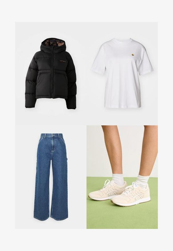 Svart boblejakke med hette, med glidelås, horisontalt quiltet design og et mykt, teksturert innerfôr. Carhartt-logoen er synlig.; Hvit bomulls t-skjorte med avslappet passform, korte ermer og en liten brodert logo på venstre brystområde.; Videbeinete blå denimbukser med høy midje, kontraststing, og sidelommer, med et klassisk fem-lommers design og rå kanter.; Beige sportssko med teksturert semsket skinn og mesh-overdel, hvite snøringer, kontrasterende logoakkenter og gummisåler, brukt sammen med hvite ankelstrømper.