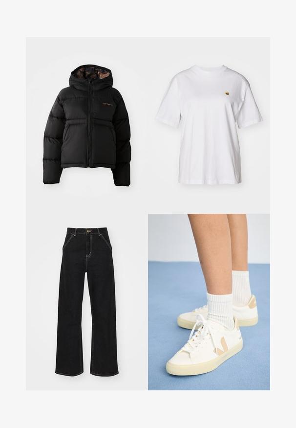Μαύρο μπουφάν πούφφερ με κουκούλα, διαθέτει κλείσιμο με φερμουάρ, οριζόντια ραφτή σχεδίαση και μαλακή, υφασμάτινη εσωτερική επένδυση. Εμφάνιση λογοτύπου Carhartt.; Λευκό βαμβακερό μπλουζάκι με χαλαρή εφαρμογή, κοντά μανίκια, και ένα μικρό κεντητό λογότυπο στην αριστερή περιοχή του στήθους.; Μαύρα φαρδιά τζιν παντελόνια από τζιν ύφασμα, με αντίθετη λευκή ραφή και κλείσιμο μπροστά με κουμπί, διαθέτοντας δύο γωνιακές μπροστινές τσέπες.; Λευκά αθλητικά παπούτσια με καφέ λεπτομέρειες, στρογγυλή μύτη και λευκές κορδόνες. Φ worn με άσπρες ριγέ κάλτσες, σε φόντο ανοιχτού μπλε.