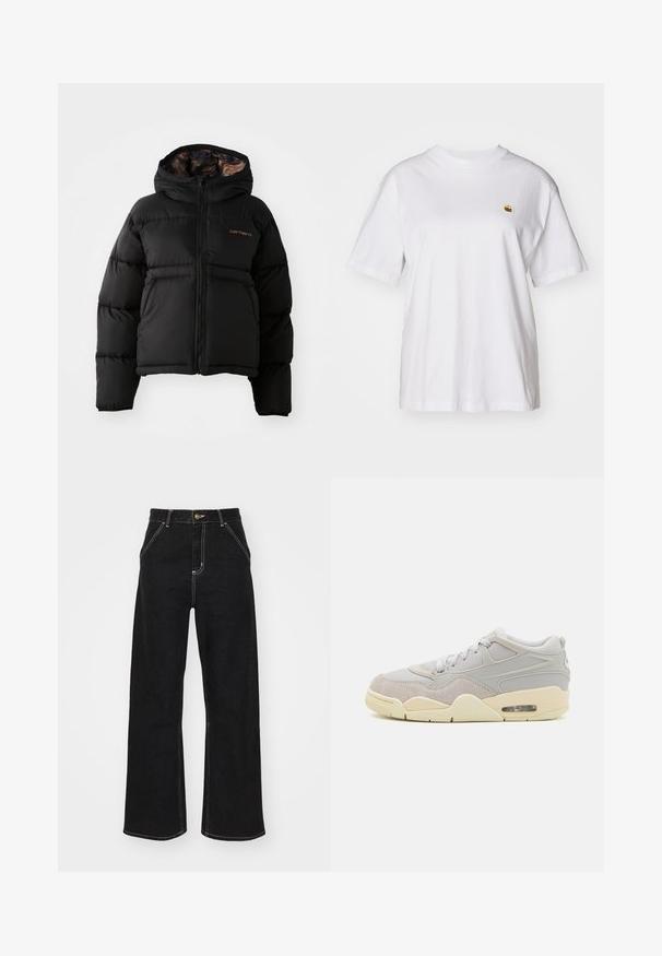 Fekete puffernadrág kapucnival, cipzárral záródik, vízszintes steppelt kialakítással és puha, texturált belső béléssel rendelkezik. Carhartt logóval ellátva.; Fehér pamut póló laza szabással, rövid ujjakkal és egy kis hímzett logóval a bal mellrészén.; Fekete, széles szárú farmernadrág, kontrasztos fehér varrással és elülső gombos záródással, két ferde elülső zsebbel.; Világosszürke sneaker, velúr és hálós anyagokból készült, kerek orr, lapos fűzéses dizájn, diszkrét krém árnyalatokkal, és látható légpárnás részletekkel.