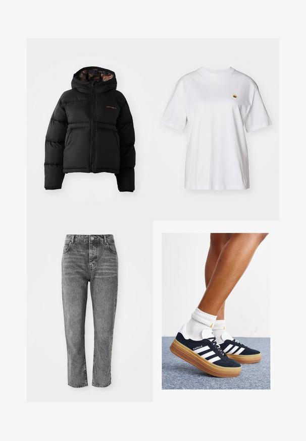 Μαύρο μπουφάν πούφφερ με κουκούλα, διαθέτει κλείσιμο με φερμουάρ, οριζόντια ραφτή σχεδίαση και μαλακή, υφασμάτινη εσωτερική επένδυση. Εμφάνιση λογοτύπου Carhartt.; Λευκό βαμβακερό μπλουζάκι με χαλαρή εφαρμογή, κοντά μανίκια, και ένα μικρό κεντητό λογότυπο στην αριστερή περιοχή του στήθους.; Γκρίζα τζιν παντελόνια με ψηλή μέση, ίσια γραμμή, διαθέτοντας μπροστινές τσέπες και μία μικρή μεταλλική λεπτομέρεια στο λάστιχο της μέσης.; Μαύρα σουέτ αθλητικά παπούτσια με λευκές ρίγες και λεπτομέρειες, στρογγυλεμένη μύτη, εξωτερική σόλα από καουτσούκ gum, συνδυασμένα με λευκές ριμπ κάλτσες πλήρους μήκους.