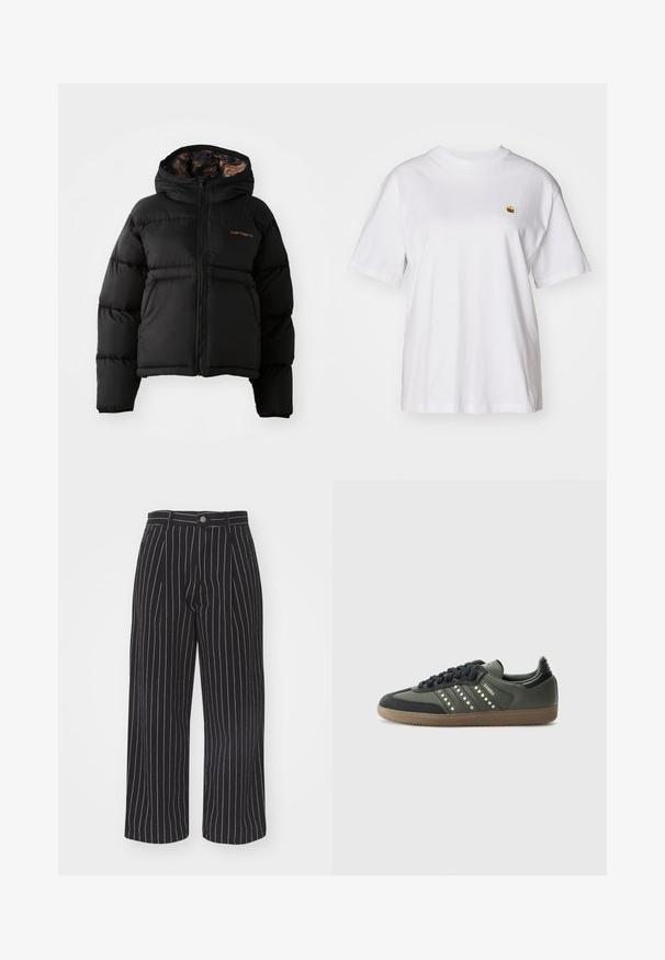 Fekete puffernadrág kapucnival, cipzárral záródik, vízszintes steppelt kialakítással és puha, texturált belső béléssel rendelkezik. Carhartt logóval ellátva.; Fehér pamut póló laza szabással, rövid ujjakkal és egy kis hímzett logóval a bal mellrészén.; Fekete csíkos, bő szabású nadrág magas derékrésszel, elülső gombzárral és finoman textúrált anyaggal.; adidas Originals SAMBA OG - Sportcipő - core black/legend earth/gum