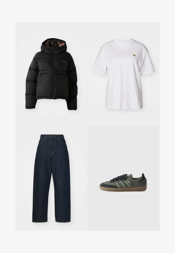 Črna puhovka s kapuco, z zadrgo, vodoravno prešitimi vrstami in mehkim, teksturiranim notranjim obloge. Prikazan logotip Carhartt.; Bela bombažna majica s sproščenim krojem, kratkimi rokavi in majhnim vezenim logotipom na levi strani prsnega predela.; Temno modri traper širokokotni kavbojke z visokim pasom. Imajo sprednje žepe in tradicionalno šivanje. Gladka tekstura, ravno krojenje.; adidas Originals SAMBA OG - Športni copati - core black/legend earth/gum
