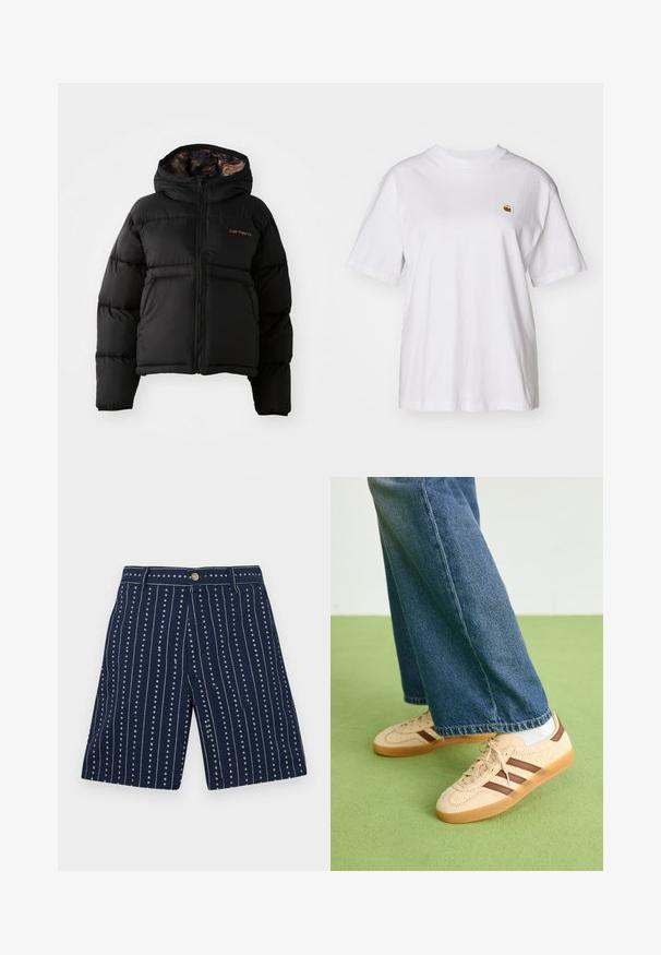 Casaco puffer preto com capuz, apresentando um fecho com zíper, design acolchoado horizontal e um forro interior macio e texturizado. Logótipo da Carhartt visível.; T-shirt branca de algodão com um corte descontraído, mangas curtas e um pequeno logótipo bordado na área do peito esquerdo.; Calções de marinheiro com riscas verticais e pequenos padrões de coração, feitos de um tecido com uma textura suave. Equipados com um botão frontal e fecho éclair.; Tenis bege com painéis texturizados em creme e riscas castanhas, combinados com jeans de ganga azul. Os jeans têm um corte largo e uma bainha desfiada.