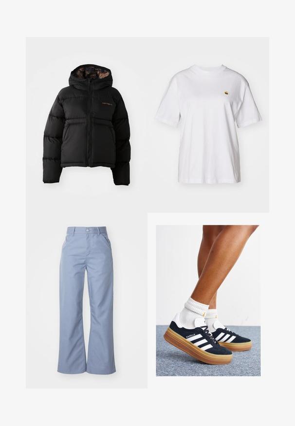 Black puffer jacket with a hood, featuring a zip closure, horizontal quilted design, and a soft, textured inner lining. Carhartt logo displayed.; White cotton t-shirt with a relaxed fit, short sleeves, and a small embroidered logo on the left chest area.; Light blue wide-leg trousers with a smooth cotton blend fabric, featuring front pockets and a button closure at the waist.; Black suede sneakers with white stripes and accents, rounded toe, gum rubber outsole, paired with white ribbed crew socks.