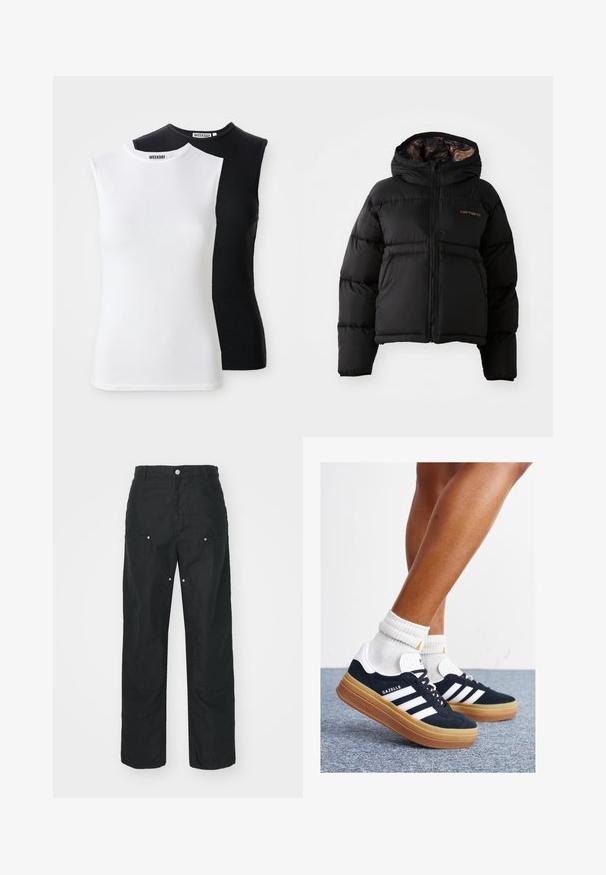 Black puffer jacket with a hood, featuring a zip closure, horizontal quilted design, and a soft, textured inner lining. Carhartt logo displayed.; Two sleeveless ribbed tops in white and black. Features a high neckline and a fitted design. Fabric is soft and stretchy. Brand label visible.; Black trousers with a straight-leg design, made of a textured fabric. Features decorative silver hardware and unique seam detailing.; Black suede sneakers with white stripes and accents, rounded toe, gum rubber outsole, paired with white ribbed crew socks.