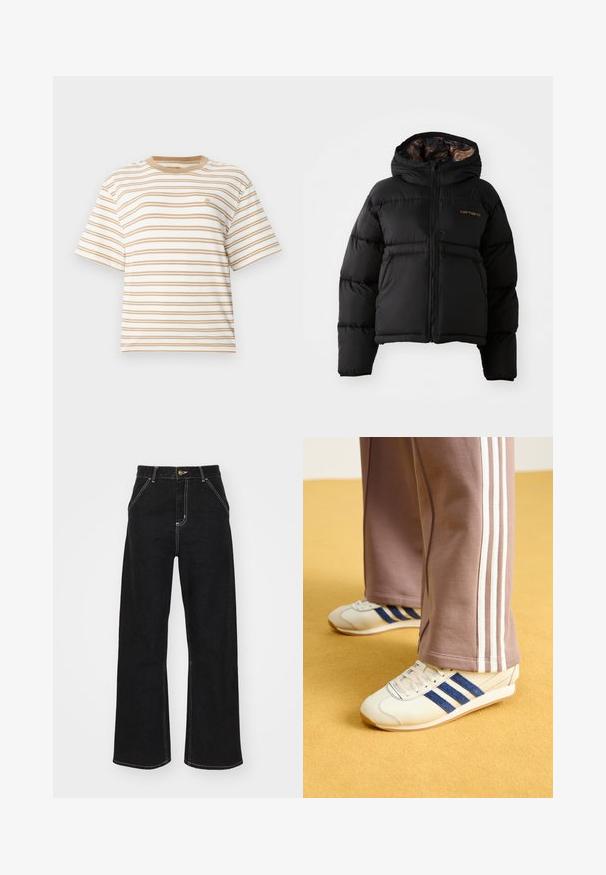 Must 黑色的羽绒外套,带有帽子,配有拉链闭合,水平绗缝设计,以及柔软、有质感的内衬。显眼的 Carhartt 标志。; Lühikeste varrukatega, ümmarguse kaelusega T-särk valges värvitoonis, millel on horisontaalsed beežid triibud. Ees on väike logo ja mugav lõige.; Mustmustest mustadest denimist, millel on kontrastsed valged õmblused ja esine nupp, kahe nurga all asuva esipocketiga.; Kreemikaded siniste seemisribade, valgete paelte ja kummitaldadega. Kombineeritud hallide dressipükstega, millel on valged küljeribad.