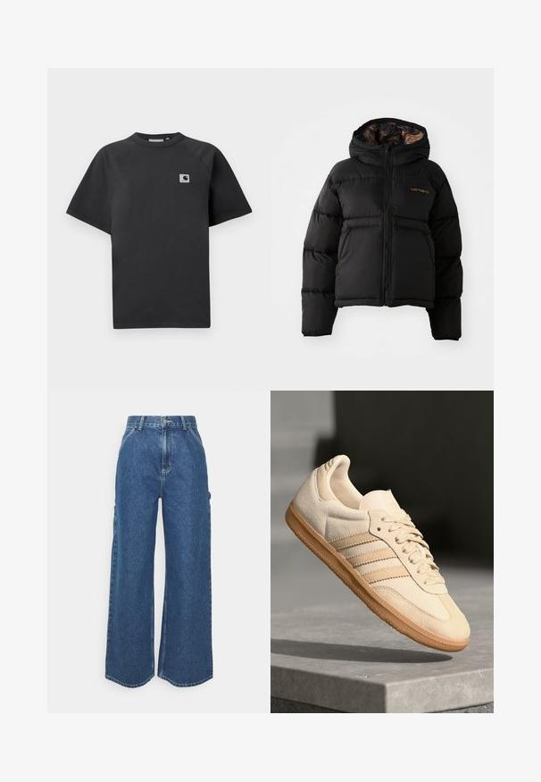 Juoda pūkinė striukė su gobtuvu, su užtrauktuku, horizontaliu siuvinėjimu ir minkšta, tekstūruota vidine pamušalu. Carhartt logotipas.; Juodas medvilnės marškinėliai su apvalia iškirpte, trumpomis rankovėmis ir stačiakampiu logotipo užsegimu kairėje krūtinės pusėje.; Plačios mėlynos džinsinės kelnes su aukštu juosmeniu, kontrastingais siūlais ir šoninėmis kišenėmis, turinčios klasikinį penkių kišenių dizainą ir brutalius kraštus.; Šviesiai ruda veliūrinė sportinė avalynė su guminiais padais, trimis įstrižomis juostelėmis ir tekstūruotu pirštų apsauginiu. Ant liežuvio ir šono yra logotipas.