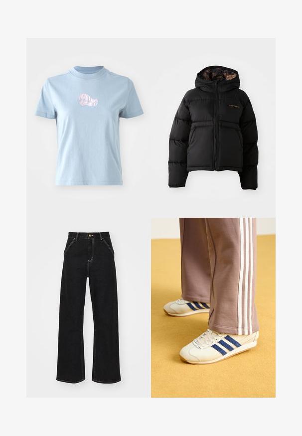 Černá péřová bunda s kapucí, se zipovým zapínáním, horizontálním prošíváním a měkkou, texturovanou vnitřní podšívkou. Zobrazené logo Carhartt.; Světle modré bavlněné tričko s krátkým rukávem a vysokým výstřihem, na přední straně s malým růžovým vyšitým designem mušle.; Černé široké džínsy vyrobené z denimu, s kontrastním bílým prošitím a předním zapínáním na knoflík, se dvěma šikmými předními kapsami.; Krémové tenisky s modrými semišovými pruhy, bílými tkaničkami a gumovou podrážkou. Spárovány se šedými tepláky s bílými bočními pruhy.