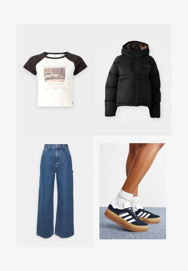 Jachetă puffer neagră cu glugă, care dispune de un închidere cu fermoar, design matlasat orizontal și o căptușeală interioară moale și texturată. Logo-ul Carhartt este afișat.; Tricou cu mânecă scurtă, cu un corp alb și mâneci raglan negre. Partea din față prezintă un grafic imprimat și text. Confectionat dintr-un amestec de bumbac.; Pantaloni din denim albastru cu talie înaltă și picioare largi, cu o cusătură contrastantă și buzunare laterale, având un design clasic cu cinci buzunare și margini brut.; Adidași negri din piele întoarsă cu dungi și accente albe, vârf rotund, talpă de cauciuc gumă, asortați cu șosete albe cu model nervurat.