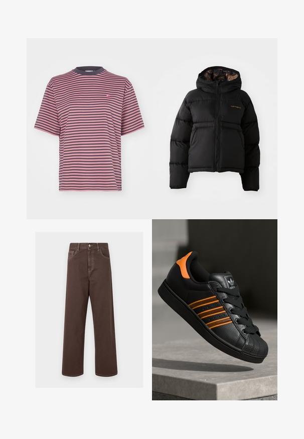 Chaqueta de plumas negra con capucha, con cierre de cremallera, diseño acolchado horizontal y un forro interior suave y texturizado. Logo de Carhartt visible.; Carhartt WIP VERNER - Camiseta estampada - graphite/dusty rose; Pantalones de mezclilla anchos color marrón con costuras en contraste, cinco bolsillos y cierre de botón metálico. Textura suave, corte recto.; Zapatilla negra con acentos naranjas, tres franjas horizontales, parte superior de cuero texturizado, punta de goma y cordones negros.