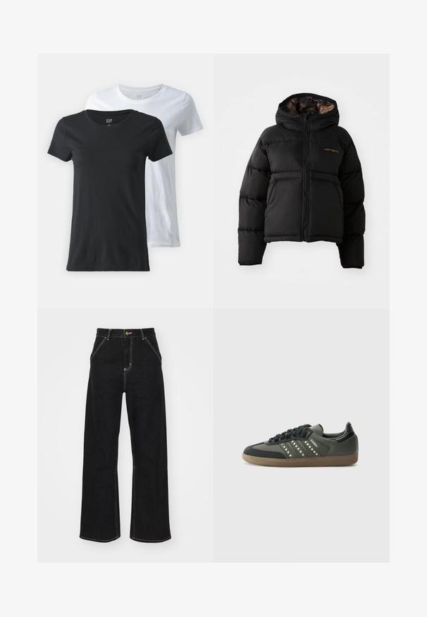 Sort dunjakke med hætte, der har lynlåslukning, vandret quiltet design og en blød, tekstureret indvendig foring. Carhartt-logoet er vist.; To stk. crew-neck t-shirts, en sort og en hvid, lavet af bomuldsstof. Korte ærmer, glat tekstur og standard pasform.; Sorte bukser med bred ben, lavet af denim og prydet med kontrastfarvet hvid syning samt en frontlukning med knap, og to skrå forlommer.; adidas Originals SAMBA OG - Sneakers - core black/legend earth/gum