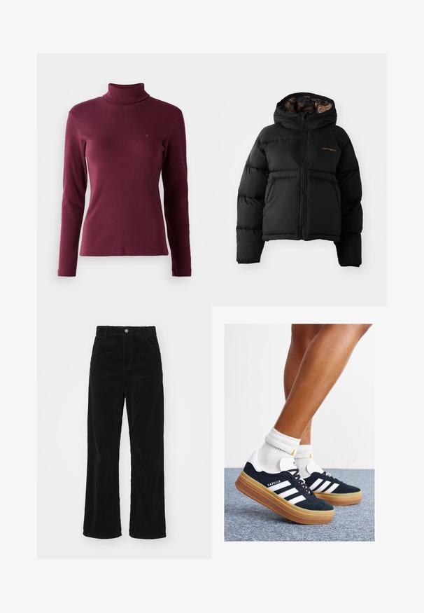 Fekete puffernadrág kapucnival, cipzárral záródik, vízszintes steppelt kialakítással és puha, texturált belső béléssel rendelkezik. Carhartt logóval ellátva.; Burgundi színű, hosszú ujjú garbó pulóver bordás anyagból, szűkített fazonnal, elöl egy kis, hímzett logóval.; Fekete kordbársony széles lábú nadrág magas derékkal, elöl gombos és cipzáras záródással, valamint függőleges bordázott textúrával az egész felületen.; Fekete velúr sportcipő fehér csíkokkal és díszítésekkel, lekerekített orral, gumitalpú külső résszel, fehér bordázott bokazoknival párosítva.