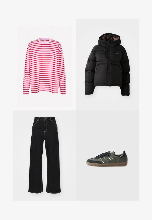 Melnā pūkaini jakā ar kapuci, kurai ir rāvējslēdzēja aizdare, horizontāla quilted dizaina un mīksta, teksturēta iekšējā oderē. Attēlota Carhartt logo.; Envii KULLA - Tops ar garām piedurknēm - pirouette/salsa; Melnas platajās biksēs, kas izgatavotas no denima, ar kontrastējošas baltas šuves un priekšējo pogu aizdari, kā arī divām slīpajām priekšējām kabatām.; adidas Originals SAMBA OG - Sporta apavi - core black/legend earth/gum