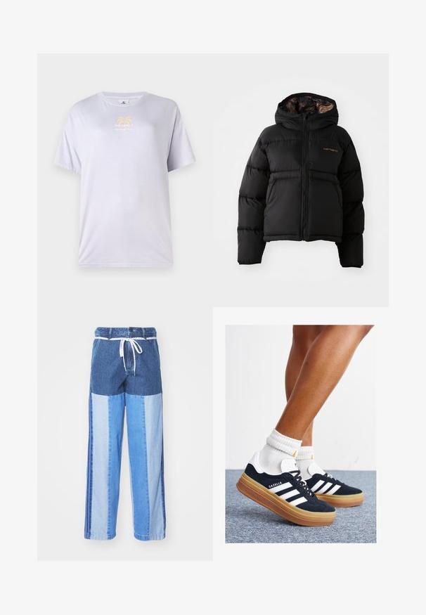 Svart boblejakke med hette, med glidelås, horisontalt quiltet design og et mykt, teksturert innerfôr. Carhartt-logoen er synlig.; Lyserød lavendelfarget bomull t-skjorte med rund hals, korte ermer og et gulltrykk med palmer på forsiden.; Blå denimbukser med et lapperedesign i forskjellige nyanser av blått, snor i livet og løse, rette ben.; Svarte sneakers i semsket skinn med hvite striper og detaljer, rund tå, yttersåle i gummigummi, kombinert med hvite ribbestrikkede crew-sokker.