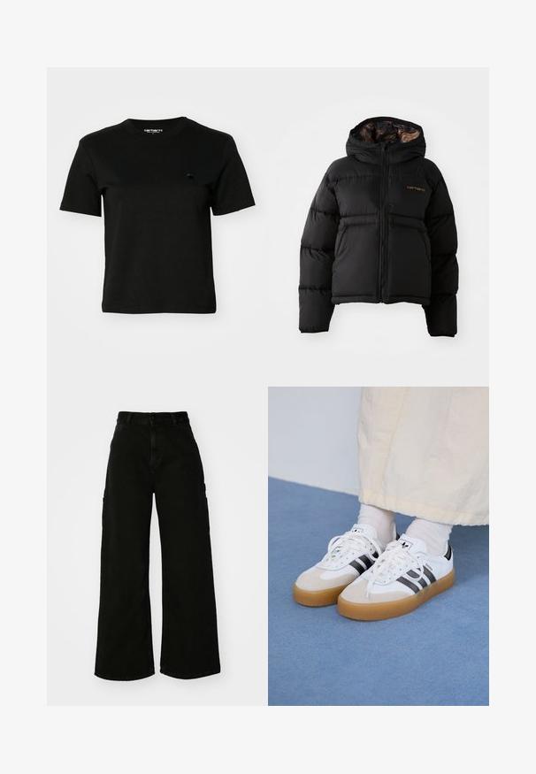 Černá péřová bunda s kapucí, se zipovým zapínáním, horizontálním prošíváním a měkkou, texturovanou vnitřní podšívkou. Zobrazené logo Carhartt.; Černé tričko vyrobené z bavlny. Krátké rukávy a kulatý výstřih. Obsahuje malé tmavé logo na levé straně hrudi. Jednoduchý, klasický design.; Černé široké cargo kalhoty vyrobené z denimu, s vysokým pasem, předním zapínáním na knoflík a bočními kapsami. Hladká textura s minimálním prošíváním.; Bílé tenisky s černými pruhy a béžovými semišovými akcenty. Mají texturovanou gumovou podrážku a ploché bílé tkaničky, nošeny s světlými ponožkami.