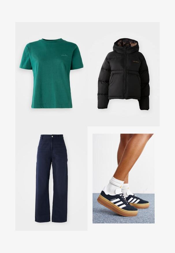 Fekete puffernadrág kapucnival, cipzárral záródik, vízszintes steppelt kialakítással és puha, texturált belső béléssel rendelkezik. Carhartt logóval ellátva.; Zöld, rövid ujjas póló puha anyagból, kerek nyakkivágással és diszkrét logóval az elején.; Tengerészkék, bővebb, cargo stílusú nadrág strapabíró pamutból, oldalsó zsebekkel és gombos derékmegoldással.; Fekete velúr sportcipő fehér csíkokkal és díszítésekkel, lekerekített orral, gumitalpú külső résszel, fehér bordázott bokazoknival párosítva.