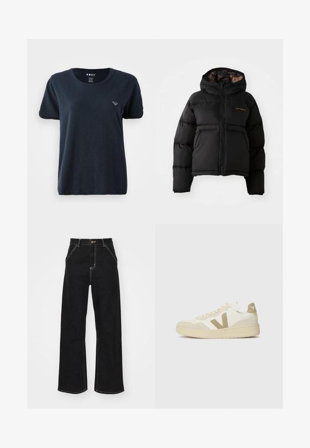 Schwarze Daunenjacke mit Kapuze, ausgestattet mit einem Reißverschluss, horizontalem Steppmuster und einem weichen, strukturierten Innenfutter. Carhartt-Logo sichtbar.; Navyblaues Kurzarm-T-Shirt aus weichem Stoff, mit Rundhalsausschnitt und kleinem Logo auf der linken Brust. Schlichtes und lässiges Design.; Schwarze weit geschnittene Jeans aus Denim, mit kontrastierenden weißen Nähten und einem vorderen Knopfverschluss, ausgestattet mit zwei schrägen Fronttaschen.; Sneaker mit einem Obermaterial in Cremefarbe, beigen Wildlederelementen und einer strukturierten Gummisohle. Mit auffälligem 'V'-Logo und Schnürdesign.