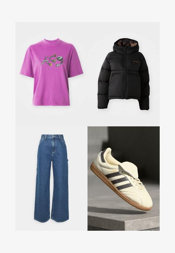 Svart boblejakke med hette, med glidelås, horisontalt quiltet design og et mykt, teksturert innerfôr. Carhartt-logoen er synlig.; Lilla kortermet T-skjorte med høyt krage og grafisk design av stiliserte bokstaver "A", "C" og "9" med blomster- og torneelementer.; Videbeinete blå denimbukser med høy midje, kontraststing, og sidelommer, med et klassisk fem-lommers design og rå kanter.; Kremfargede lær sneakers med tre mørke striper, en brun gummisåle og en avrundet tå. Har en sammenleggbar tunga merket "SAMBA."
