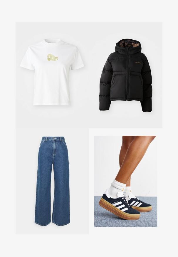 Crna puffer jakna s kapuljačom, s patentnim zatvaračem, horizontalnim kvadratnim dizajnom i mekim, teksturiranim unutarnjim oblogom. Prikazan Carhartt logotip.; Bijela pamučna majica s žutim grafičkim dizajnom sprijeda. Okrugli izrez, kratki rukavi i opušteni kroj. Glatka tekstura.; Široke plave traperice s visokim strukom, kontrastnim šavovima i bočnim džepovima, s klasičnim dizajnom s pet džepova i sirovim rubovima.; Crne tenisice od brušene kože s bijelim prugama i detaljima, okruglim vrhom, gumeni potplat boje gume, uparene s bijelim rebrastim čarapama.