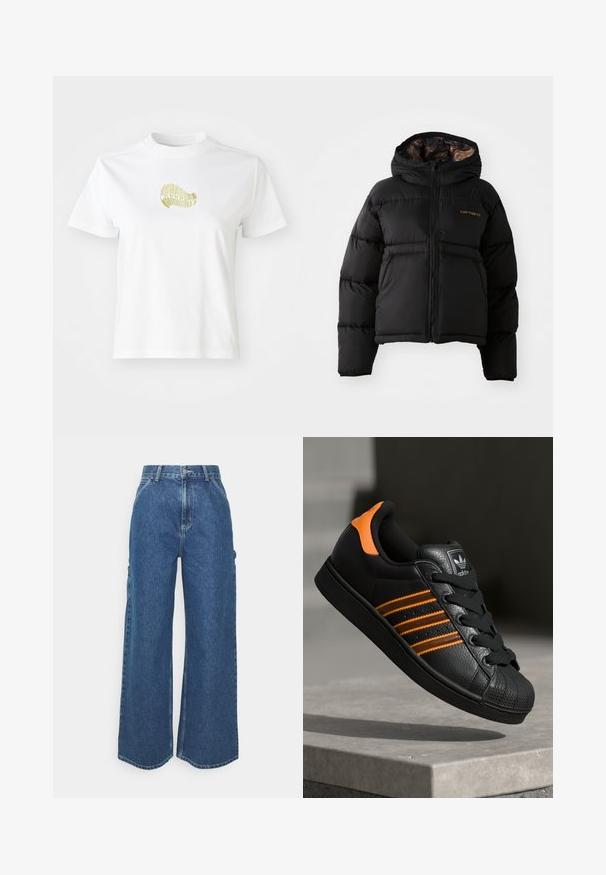 Sort dunjakke med hætte, der har lynlåslukning, vandret quiltet design og en blød, tekstureret indvendig foring. Carhartt-logoet er vist.; Hvid bomulds t-shirt med et gult grafisk design foran. Rund hals, korte ærmer og en afslappet pasform. Glat tekstur.; Bredde ben blå denimbukser med høj talje, kontrastsyede sømme og sidelommer, med et klassisk fem-lomme design og rå kanter.; Sort sneakers med orange detaljer, tre vandrette striber, tekstureret læderoverdel, gummikappe og sorte snørebånd.