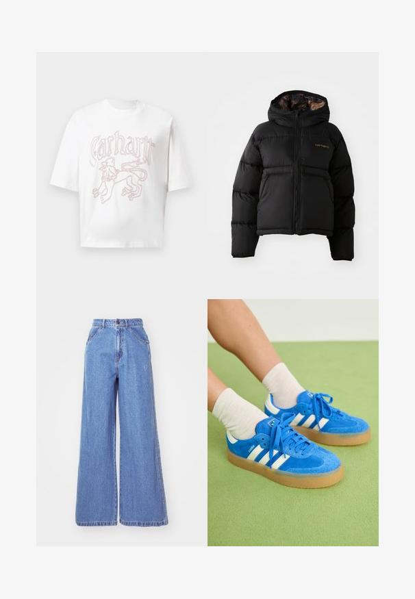 Czarna kurtka puchowa z kapturem, z zapięciem na zamek błyskawiczny, poziomym pikowaniem oraz miękką, teksturowaną podszewką. Wyeksponowane logo Carhartt.; Biała koszulka z krótkim rękawem z czerwonym konturowym nadrukiem lwa i stylizowanym napisem "Carhartt" na klatce piersiowej.; adidas Originals - Jeansy Straight Leg; Niebieskie zamszowe sneakersy z białymi paskami, gumową podeszwą, okrągłym noskiem i materiałowymi sznurowadłami. Połączone z kremowymi skarpetkami na zielonej powierzchni.