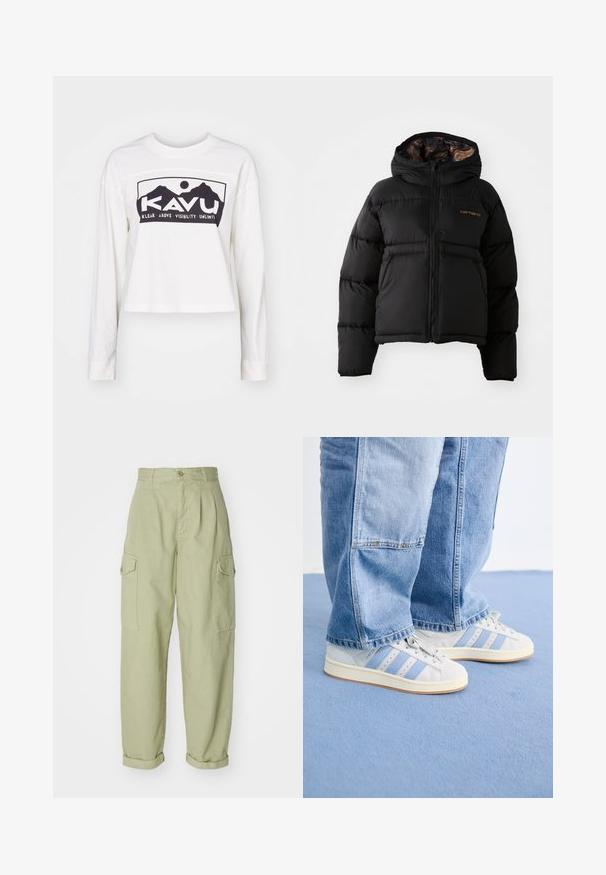 Must 黑色的羽绒外套,带有帽子,配有拉链闭合,水平绗缝设计,以及柔软、有质感的内衬。显眼的 Carhartt 标志。; Valge pika varrukaga T-särk, millel on lühendatud disain. Ees on must graafiline trükk mägedest ja tekst "KAVU". Pehme tekstuur.; Heledad rohelised cargo püksid, valmistatud puuvillakangast. Omavad kõrget talje, volditud pahkluup, ja kahte külgpoket lisafunktsionaalsuse jaoks.; Heledad hallhallid hallid siniste triipudega, sujuva nahast materjaliga, ümmarguse ninaga ja valgete kummitaldadega; koos helesiniste teksadega.