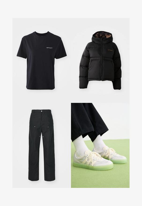 Svart boblejakke med hette, med glidelås, horisontalt quiltet design og et mykt, teksturert innerfôr. Carhartt-logoen er synlig.; Sort t-skjorte i svart bomull med rund hals, korte ermer og hvit "carhartt"-logo på venstre bryst. Glatt tekstur, standard passform.; Svarte bukser med rett ben-design, laget av et strukturert stoff. Har dekorativt sølvtilbehør og unike sømdetaljer.; Lysfargede sneakers med overdel i semsket skinn og mesh, med tre sidestriper, flate snøringer og en gjennomskinnelig grønn gummisal.