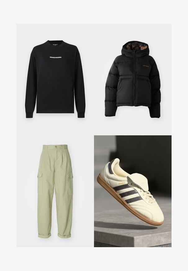 Black puffer jacket with a hood, featuring a zip closure, horizontal quilted design, and a soft, textured inner lining. Carhartt logo displayed.; Black long-sleeve t-shirt made of cotton, featuring the text "MINDWORK" in white, centered on the chest. Crew neckline and ribbed cuffs.; Light green cargo pants made from cotton fabric. Features a high waist, rolled cuffs, and two side cargo pockets for added utility.; Cream leather sneaker with three dark stripes, a brown gum outsole, and a rounded toe. Features a foldable tongue labeled "SAMBA."