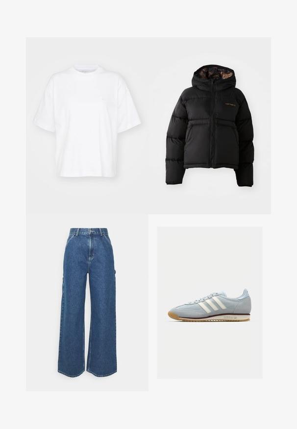 Zwarte gewatteerde jas met een capuchon, voorzien van een ritssluiting, een horizontaal doorgestikte design en een zachte, textuurachtige voering. Carhartt-logo zichtbaar.; Witte katoenen t-shirt met een ronde hals, korte mouwen en een ontspannen pasvorm. Heeft een subtiel logo op het linkerborstgedeelte. Zachte textuur.; Brede blauwe denim broeken met een hoge taille, contrasterende stiksels en zijzakken, uitgerust met een klassieke vijf-pocket stijl en ongewerkte naden.; Lichtblauwe suède sneakers met witte drie streepen, rubberen zool en textuur-mesh. Voorzien van een gladde neuskap en branding op de hak.