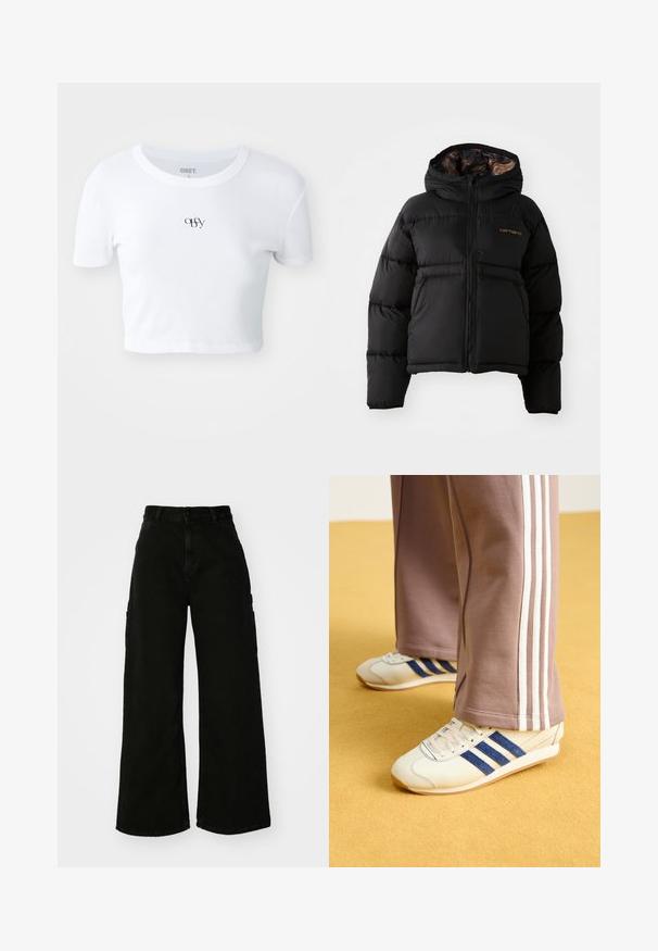 Jachetă puffer neagră cu glugă, care dispune de un închidere cu fermoar, design matlasat orizontal și o căptușeală interioară moale și texturată. Logo-ul Carhartt este afișat.; Top scurt cu mânecă scurtă, de culoare albă, realizat din material ribbed. Dispune de un logo discret negru centrat pe piept, de un gât rotund și un design ajustat.; Pantaloni cargo negri, cu pantaloni largi din denim, având talie înaltă, închidere cu fie-button în față și buzunare laterale. Textură netedă cu cusături minime.; Sneakers crem cu dungi din suede bleu, șireturi albe și talpă din cauciuc. Asortați cu pantaloni de trening gri cu dungi albe pe laterale.