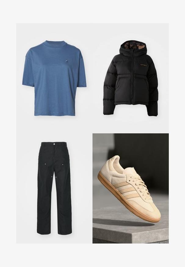 Black puffer jacket with a hood, featuring a zip closure, horizontal quilted design, and a soft, textured inner lining. Carhartt logo displayed.; Carhartt WIP CHESTER - Basic T-shirt - positano; Black trousers with a straight-leg design, made of a textured fabric. Features decorative silver hardware and unique seam detailing.; Light beige suede sneaker with gum outsole, three diagonal stripes, and a textured toe cap. Features logo on the tongue and side.
