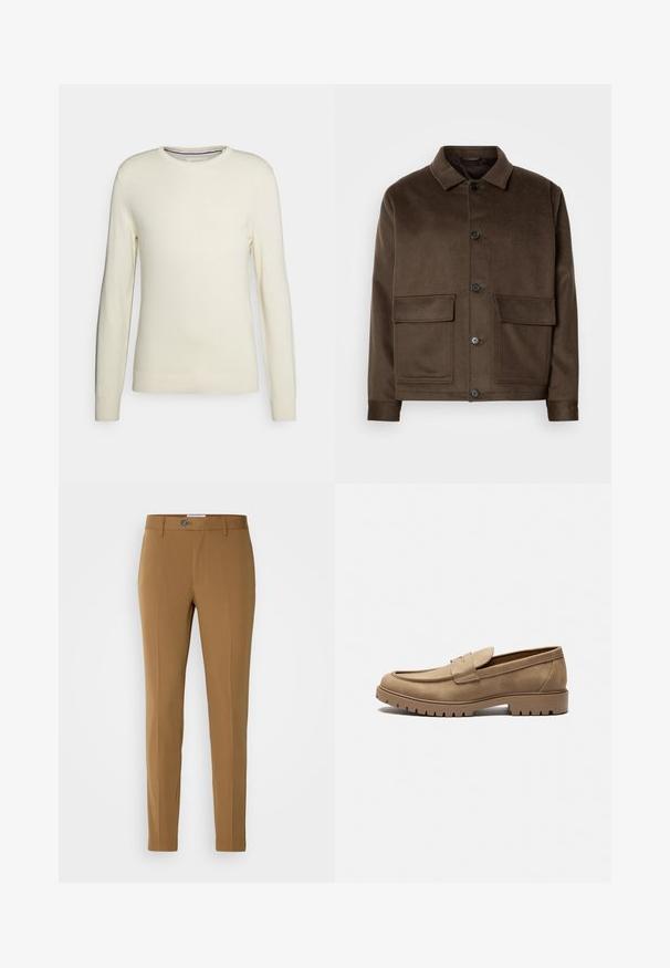 Giacca in misto lana marrone con colletto classico, quattro tasche frontali, chiusura a bottoni e una texture liscia. Design slim fit.; Maglione color crema con scollo rotondo, maniche lunghe, polsini e orlo a coste. Realizzato in morbido tessuto a maglia senza motivi o decorazioni.; Pantaloni marroni su misura con vestibilità dritta, dotati di zip frontale, chiusura con bottone e due tasche laterali per funzionalità.; Mocassini in suede color beige con punta arrotondata, suola in gomma piatta e cuciture decorative sulla parte superiore. Presentano un design senza lacci per una facile calzata.