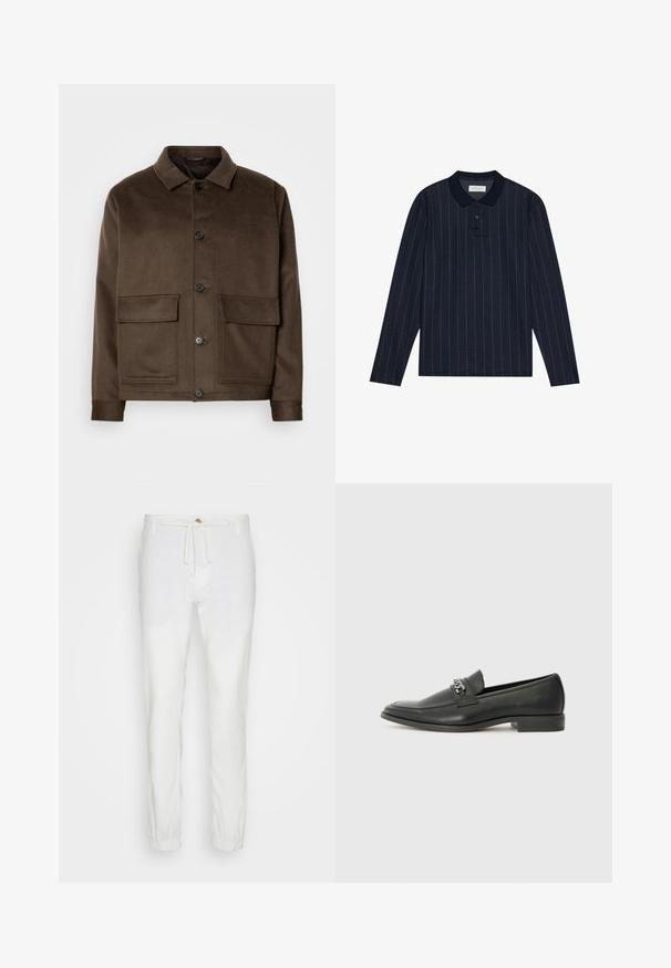 Καφέ σακάκι από μείγμα μαλλιού με κλασικό γιακά, τέσσερις μπροστινές τσέπες, κλείσιμο με κουμπί και λεία υφή. Σλιμ φιτ σχέδιο.; Ναυτικό μακρυμάνικο πόλο μπλουζάκι με γιακά, με λεπτές κατακόρυφες ρίγες και τριπλό κουμπί. Μαλακό ύφασμα.; Λευκά λινά παντελόνια με ελαστική μέση και κορδόνι. Σφηνοειδής σχεδίαση με ελαστικές μανσέτες στους αστραγάλους. Μαλακή υφή, ελαφρύ ύφασμα.; Μαύρη δερμάτινη λοφάρα με λείο φινίρισμα, που διαθέτει ραμμένο σχέδιο και διακοσμητική μεταλλική αλυσίδα πάνω από το μπροστινό μέρος. Χαμηλή φτέρνα.