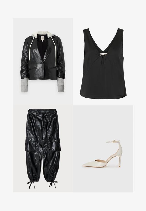 Černá kožená zkrácená bunda s šedými rukávy ze svetroviny a kapucí, se zapínáním na jeden knoflík a dvěma předními kapsami.; Černý bezrukávový top s výstřihem do V, s ozdobným uzlem a stříbrnými akcenty uprostřed, vyrobený z hladkého, elegantního materiálu.; Černé kožené cargo kalhoty volného střihu, s nařasenými manžetami, několika kapsami a hladkým, lesklým povrchem. Obsahují knoflíkové detaily.; Bílé kožené lodičky na vysokém podpatku s špičatou špičkou, kotníkovým páskem a štíhlým jehlovým podpatkem. Hladká textura s mírným lesklým povrchem.