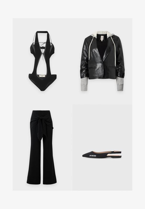 Black leather cropped jacket with gray sweatshirt sleeves and a hood, featuring a single button closure and two front pockets.; Black swimsuit with cut-out sides, thick straps, and a v-neck design. Made of smooth fabric, featuring a branded label at the back.; Black wide-leg pants with a waist tie detail. Made from soft fabric, featuring a smooth texture and clean lines. Hem slightly flared.; Black slingback flats with pointed toes, made of smooth material. Features white "LOVE MOSCHINO" branding and a minimalistic design.