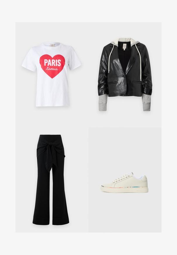 Melnas ādas īsa jaka ar pelēku sporta krekliņu piedurknēm un kapuci, ar vienu pogu aizdari un divām priekšējām kabatām.; Balts kokvilnas T-krekliņš ar lielu sarkanu sirdi un vārdu "PARIS" treknajos baltajos burtiem, kā arī "l'amour" mazākā rokrakstā zemāk. Īsas piedurknes.; Melni platām kājām bikses ar jostas saites detaļu. Izgatavotas no mīksta auduma, ar gludu tekstūru un tīrām līnijām. Malas nedaudz izplešas.; Off-white zemas tenisa kurpes ar auklām, baltā iekšējā oderē un maiga daudzkrāsaina apmale ap zoli, sānu skats.
